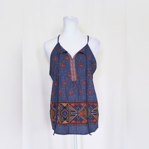 Monteau V Neck Printed Spaghetti Strap Tank Top Size Medium Blue Brown